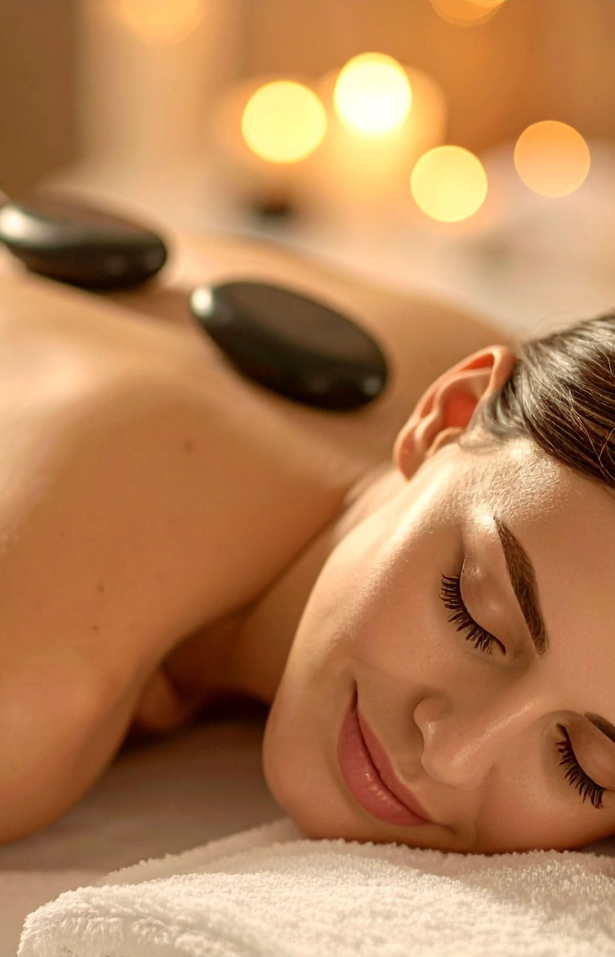 Smiling woman enjoying a hot stone massage at Alpine Fitness in Alpine, UT, offering massage therapy for muscle relaxation, stress relief, pain reduction, improved circulation, and recovery as part of a full wellness program. Reach out to us today for help with massage therapy, massage therapy near me, hot stone massage, hot stone massage near me, therapeutic massage, deep tissue massage, sports massage, muscle recovery massage, stress relief massage, pain relief massage, relaxation massage, massage for sore muscles, massage for tension relief, post-workout massage, massage for circulation, massage for flexibility, recovery massage near me, professional massage services, wellness massage, massage therapy in Alpine UT, massage for athletes near me.