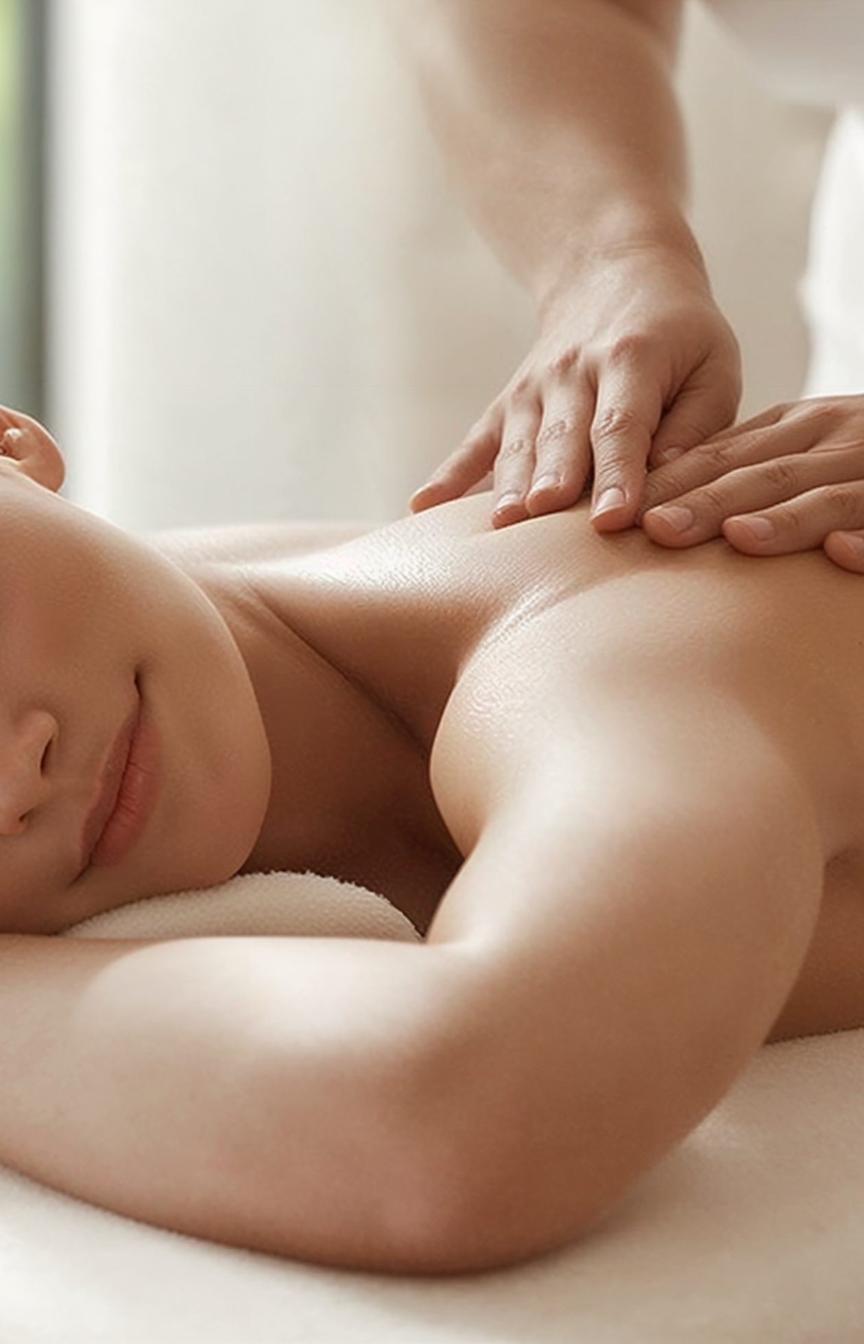 Smiling woman receiving massage therapy at Alpine Fitness near American Fork, UT, providing therapeutic massage for muscle recovery, stress relief, pain relief, and improved mobility as part of a complete wellness and recovery program. Call us today for help with massage therapy, massage therapy near me, therapeutic massage, deep tissue massage, sports massage, recovery massage, muscle recovery massage, pain relief massage, stress relief massage, relaxation massage, mobility massage, injury recovery massage, post-workout massage, massage for sore muscles, massage for muscle tension, massage for flexibility, massage for athletes, massage services near me, professional massage therapy, massage for circulation, massage for recovery and wellness.